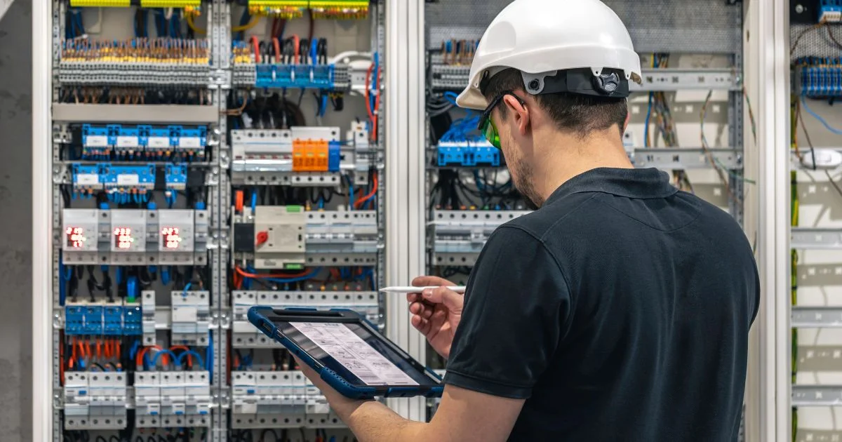 Electrician inspecting an industrial electrical panel while referencing a tablet.